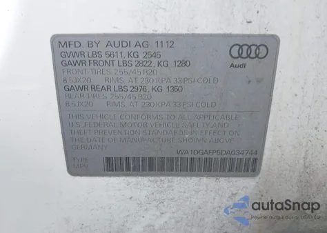2013 Audi Q5 3.0T Premium Plus из США, поврежденный, VIN WA1DGAFP5DA034744